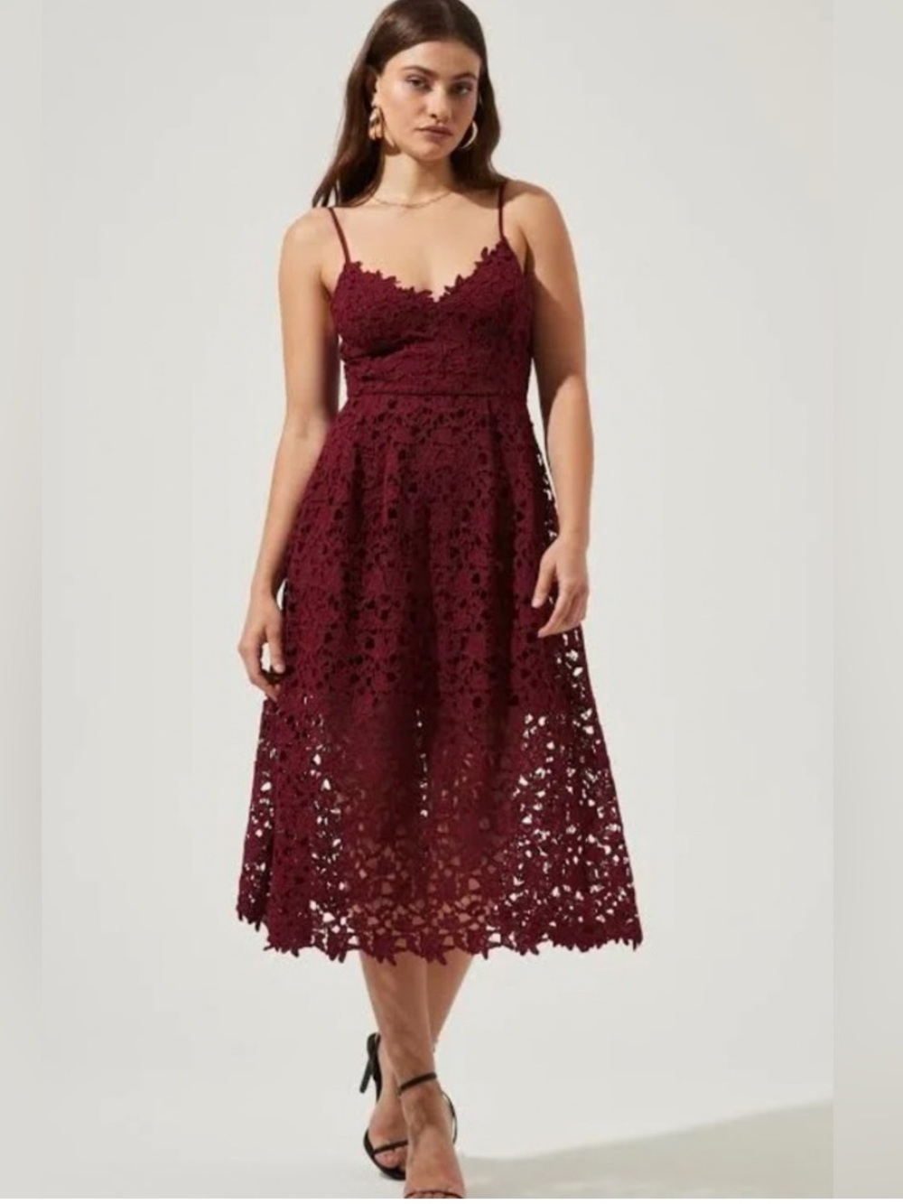 ASTR - Spaghetti Strap Lace Midi Dress in Burgundy